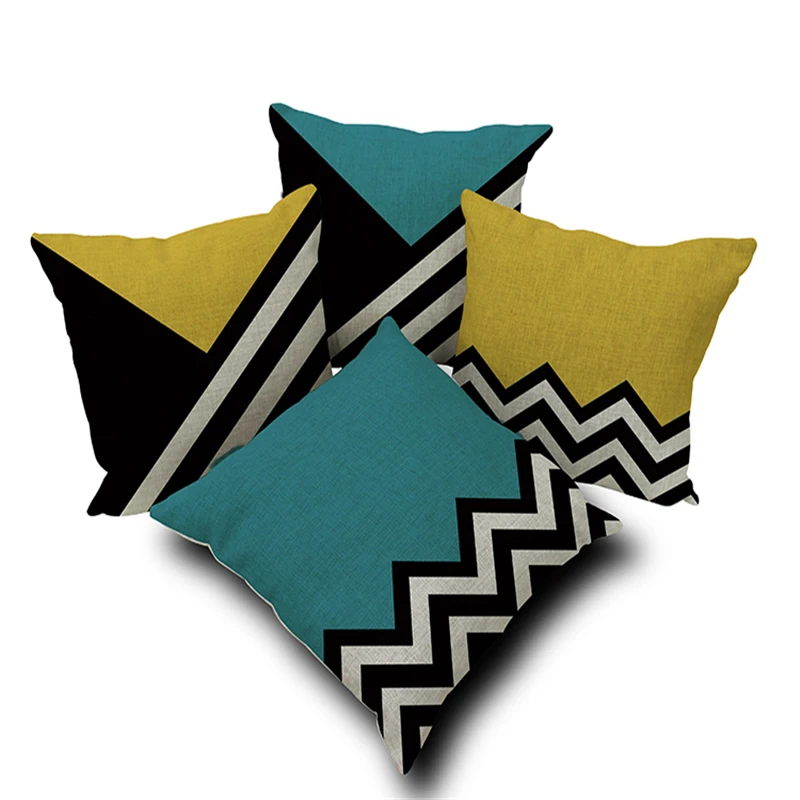 Cheap Blue And Yellow Geometric Cushion Gray Stripes Linen Pure Pillow