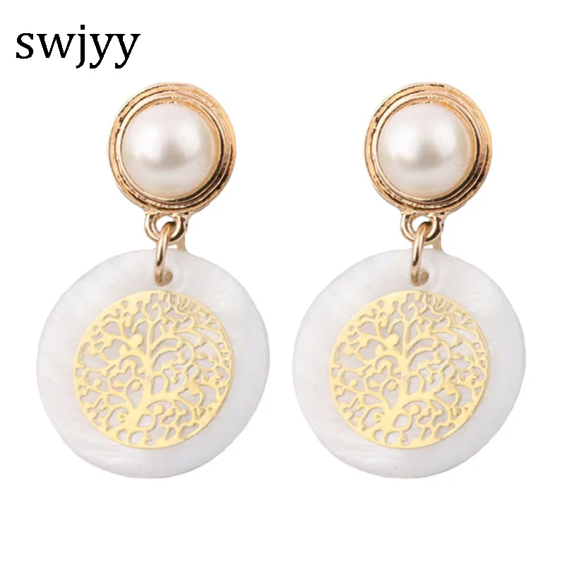 

swjyy Shell Earring Bincos Gold clover Earrings life Tree Earrings For Women pearl ear Fine Jewelry Gift