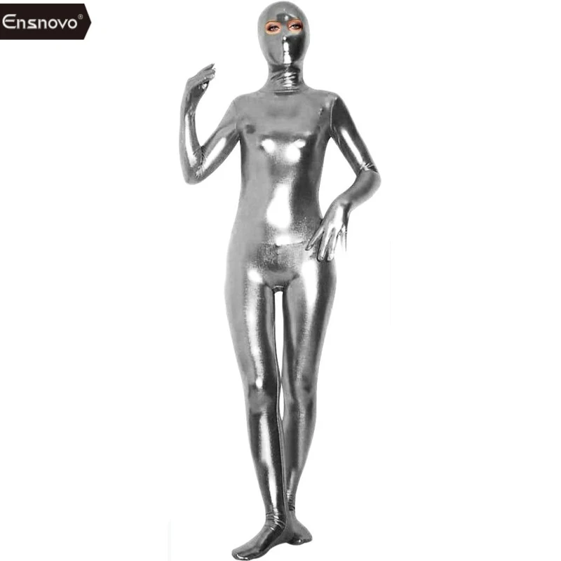 Cosplay Costume Adult Unitard Ensnovo Women Nylon Spandex Bodysuit Black Shiny Metallic Zentai Catsuit Skin Open Eyes Full Body Costume