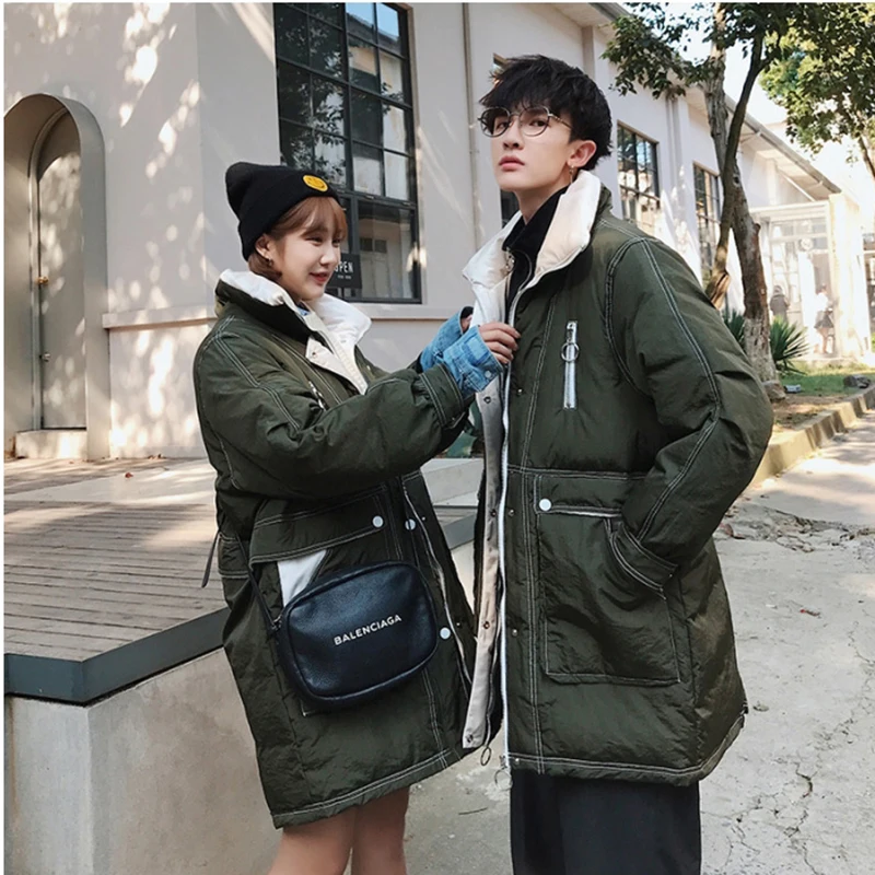 Корейский стиль Для женщин зимняя куртка Завышение Boyfriend зимнее пальто его-и-ее