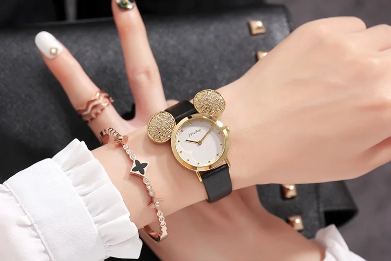 Модные наручные часы для девочек из натуральной кожи с большими ушами disney бренд Микки Маус наручные Кварцевые водонепроницаемые часы