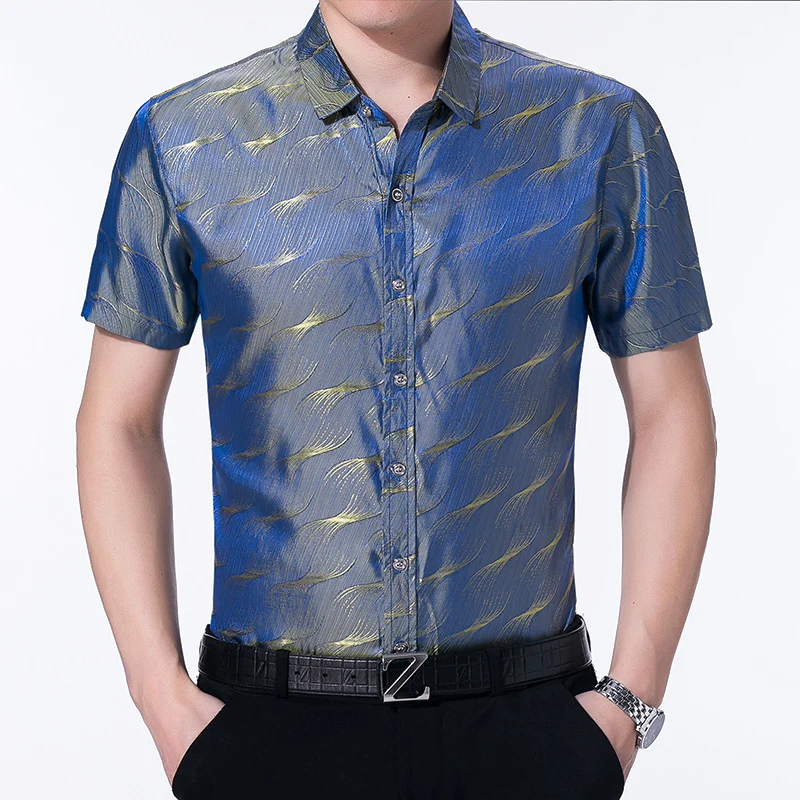 Vente Vente chaude hommes mode d été en soie rayée robe chemises hommes manches courtes rayures décontractées doux soie vêtements chemises