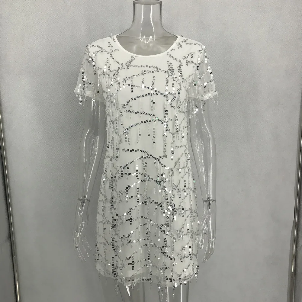 Сексуальное Белое летнее платье с кисточками и пайетками, женское модное повседневное Сетчатое облегающее платье, элегантные вечерние платья для ночного клуба, одежда Vestido