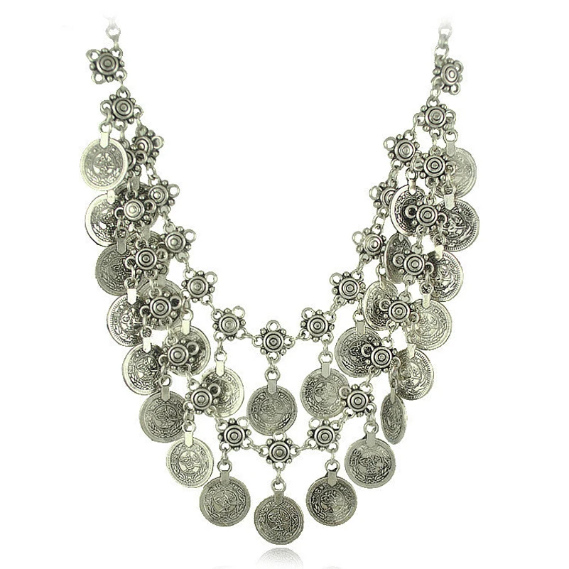 

Gypsy Necklace Fashion Jewelry Bohemian Antique Silver Double Layer Coin Necklace Vintage Turkish Ethnic Jewelry