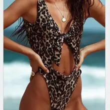 В Леопардовый принт узелки Галстуки спереди сексуальная леди цельный купальник