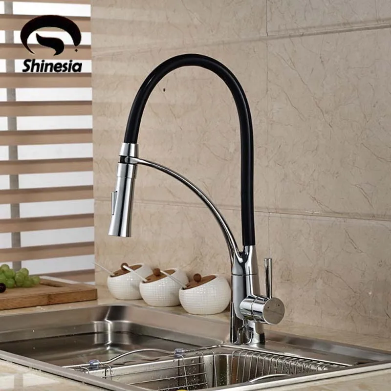 Black and Chrome Finish Kitchen Faucet Deck Mount Pull Out Dual Sprayer Nozzle Hot Cold Water