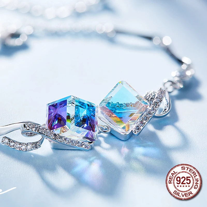 

100% 925 Sterling Silver Big Austrian Crystals from Swarovski Women Fashion Jewelry Romantic Wedding Magic Cube Crystal Bracelet