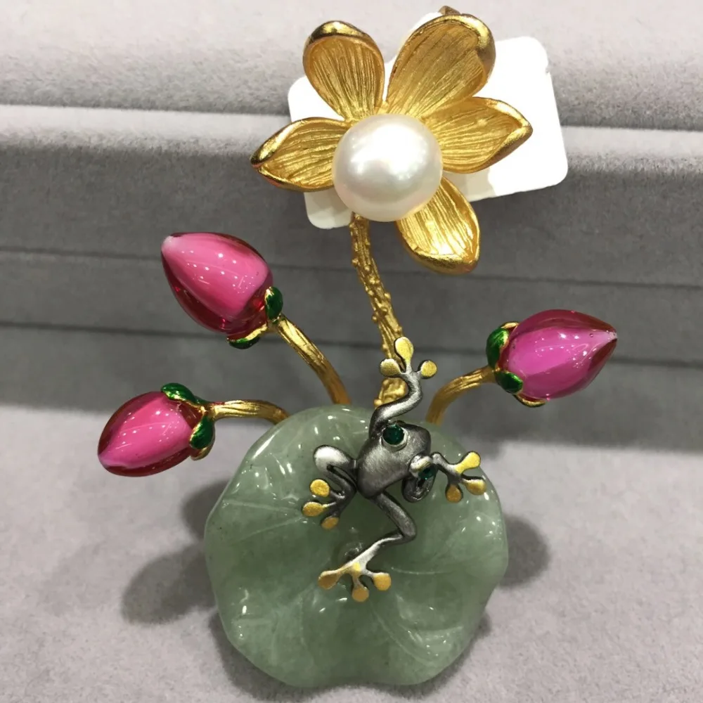 china ethnic natural fresh water pearl brooch pins a frog on a lotus leaf flower brooch multi color fashion women jewelry