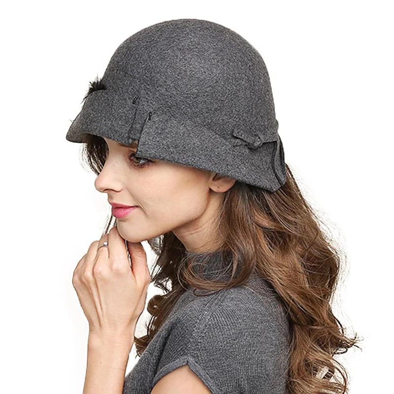 FS Grey Black Hats Women Wool Fedora Vintage Felt Cloche Hat For Winter Elegant Bowler Cap Ladies Wide Brim Church Caps