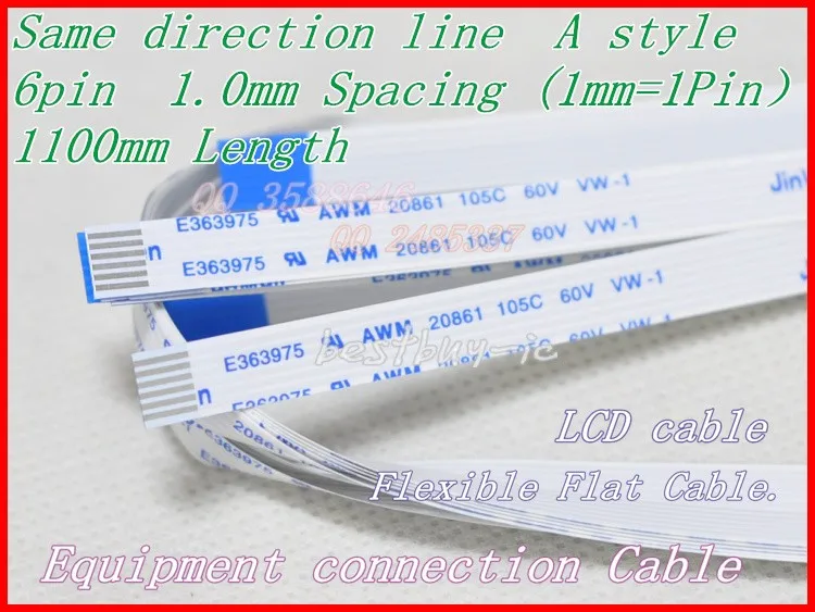 

1.0mm Spacing +1100mm Length +6Pin A / same direction line Soft wire FFC Flexible Flat Cable. 6P*1.0A*1100MM