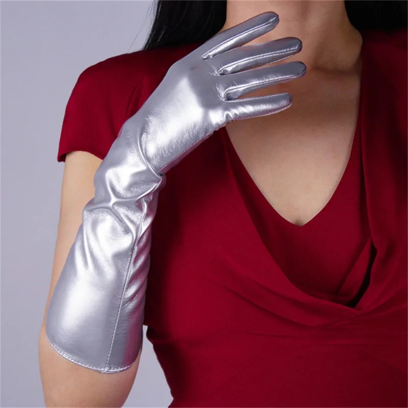 Fashion Silvery Patent Leather Woman's Gloves Faux Genuine Leather PU Leather Gloves 40cm Long Female Mittens P48-2