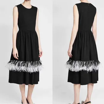 

high quality women black dress amazing feather decoration wool party long dress elegant vestidos de fiesta lady vestido de festa
