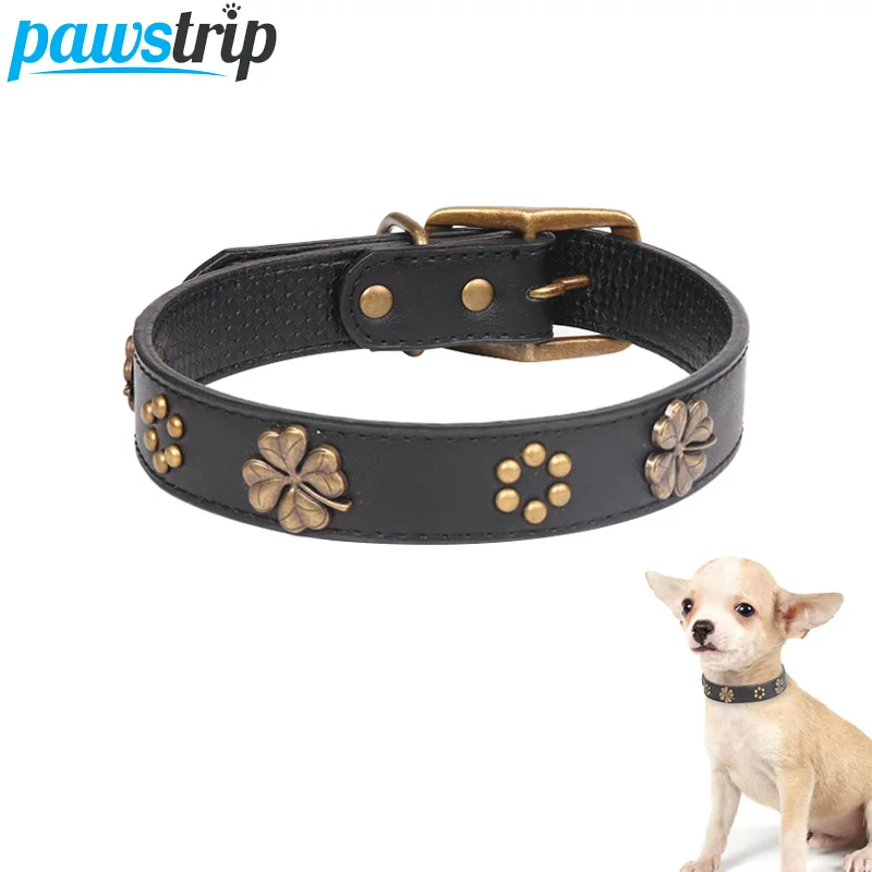 

pawstrip Genuine Leather Dog Collar Pitbull French Buelldog Large Dog Collar Copper Flower Pet/Cat/Puppy Collar For Dogs petshop