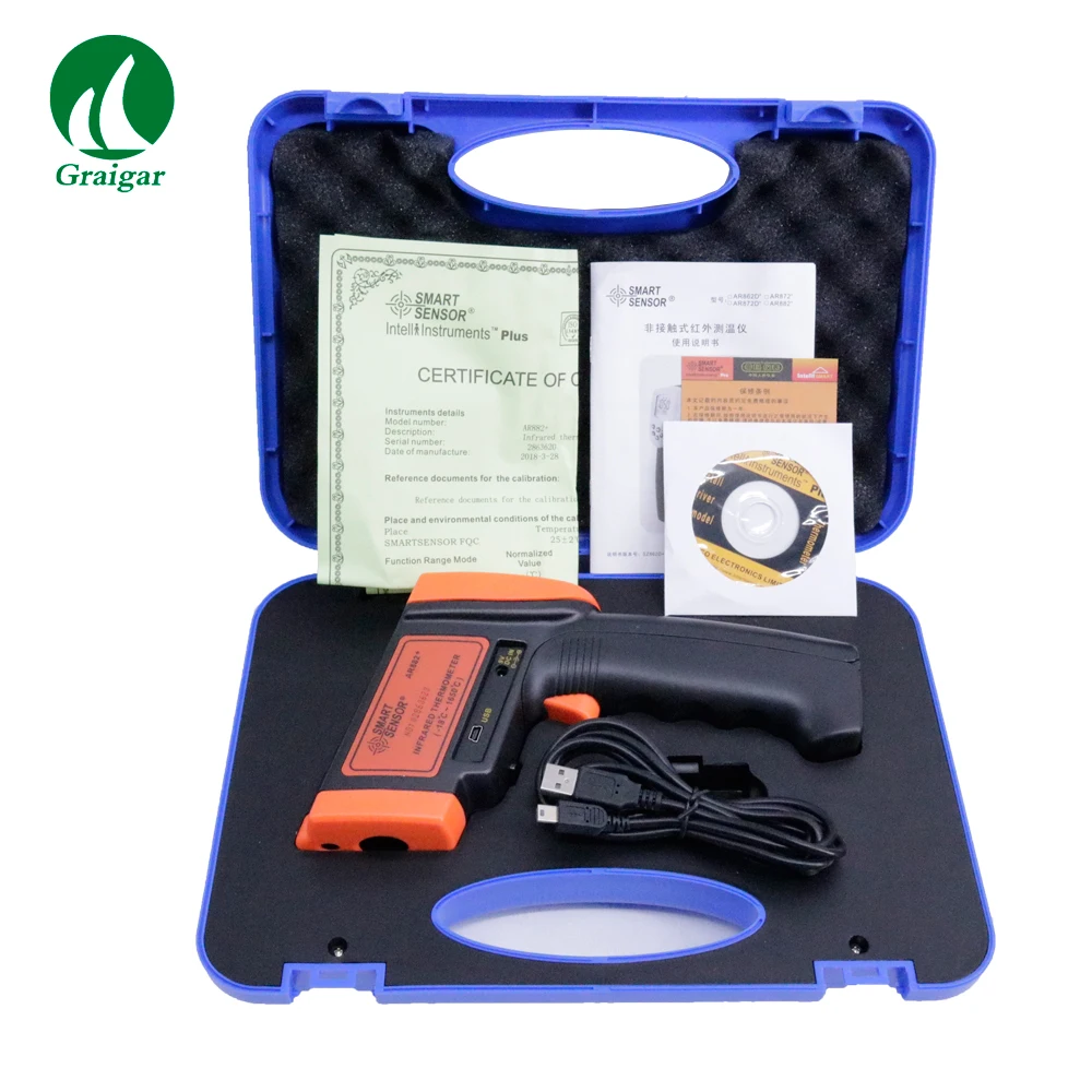 

Smart Sensor AR882+ High Temperature Noncontact Infrared Thermometer Emissivity 0.10~1.00 adjustable Resolution 0.1C 0.1F