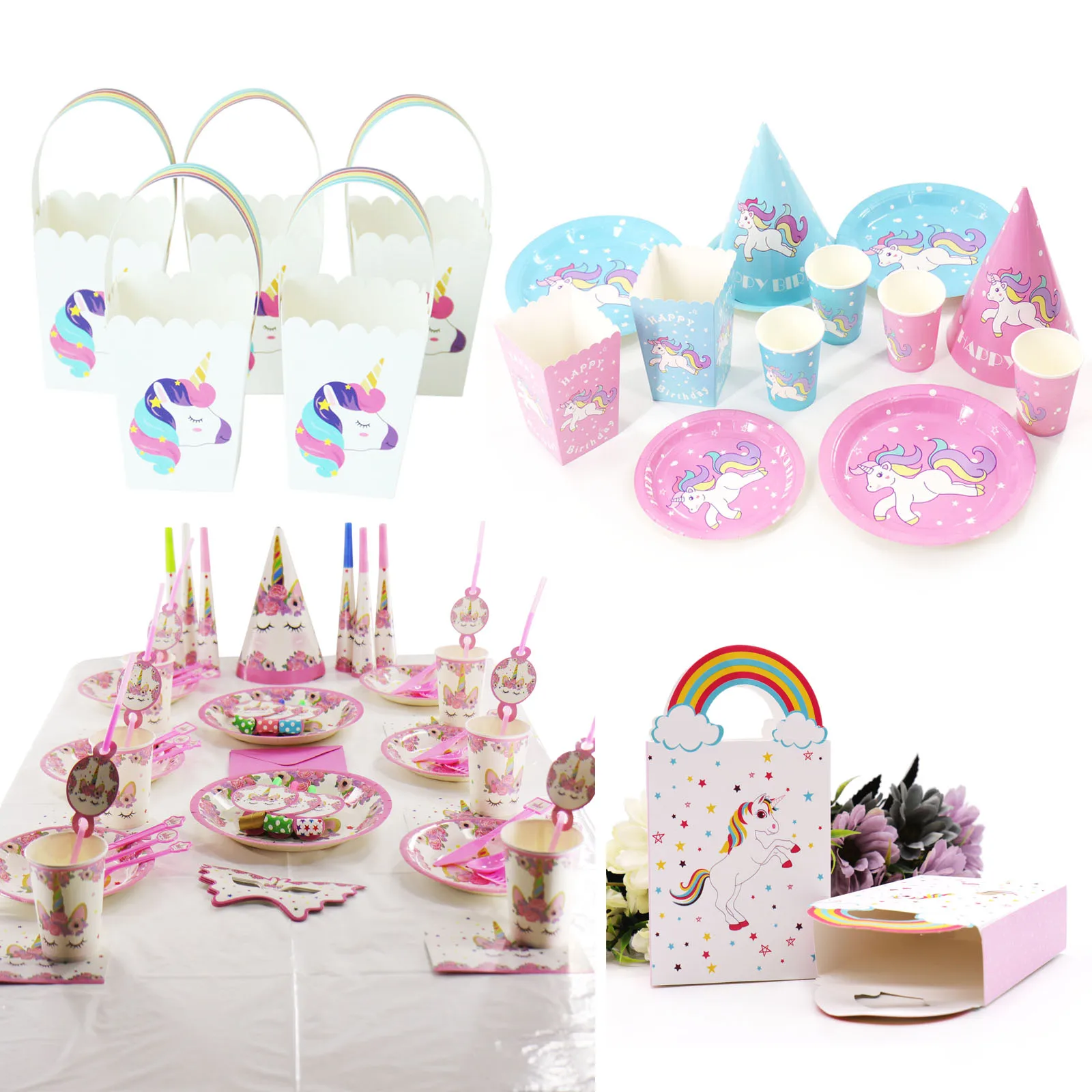 

Paper Disposable Unicorn Tableware Plates Napkins Cups Tablecloth Banner Handbags For Baby Shower Birthday Wedding Party Decor