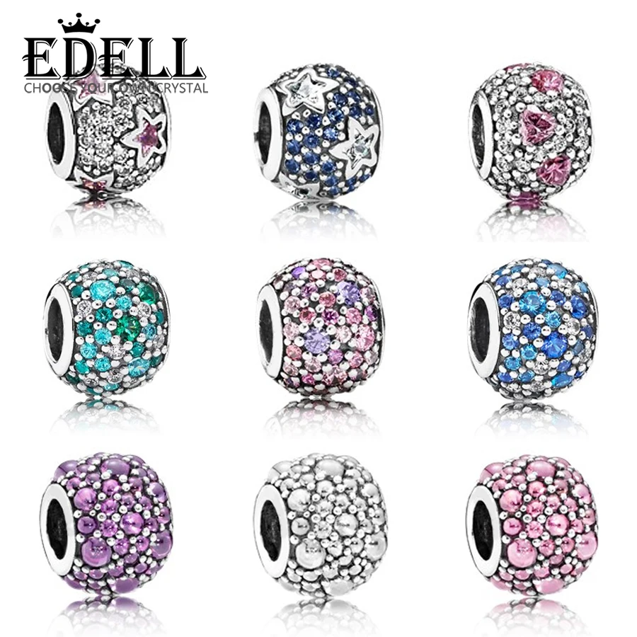 

EDELL Real 925 Sterling Pure Silver Sparkling STATS Clip Charm Bead Fit Original Bracelet DIY Earrings pendant Authentic Jewelry
