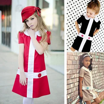 

2016 European Style Summer Girls Clothes Dress Brands Cross Button Princess Dress Fashion Red/Khaki/Black Doll Collar Girl Kkids