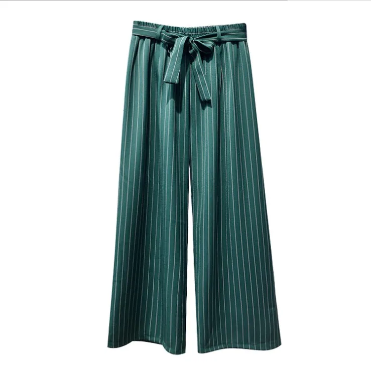 TCJULY осень дизайн широкие брюки с Бант в полоску пояса эластичный пояс свободные женские брюки уличная палаццо брюки - Цвет: Green