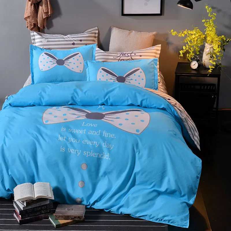 

Light Blue Solid Color Bow Pattern Sheet Pillowcase And Duvet Cover Sets 3/4pcs Bedlinen Double Queen King Size Bedding Set Soft