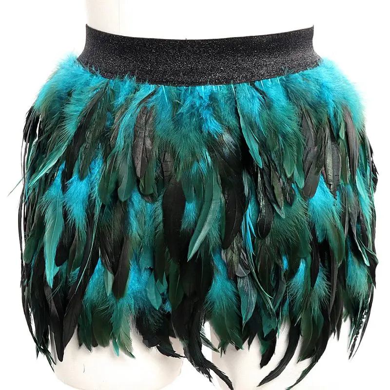 

New Women Feather Mini Skirt Elastic Waist High Street Gradient Color Feather Party Dance Skirt Green Blue Halloween Rave Wear