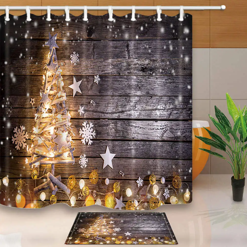 

Shower Curtains Christmas Tree Vintage Wooden Floor Polyester Fabric Bath Screens Waterproof Mildew Proof with Hooks Washable