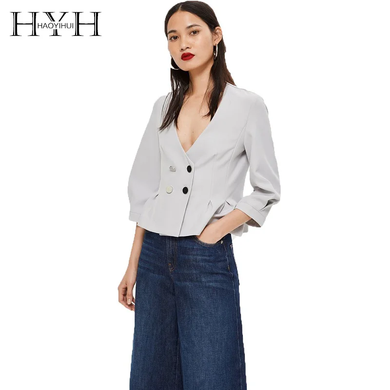 

HYH HAOYIHUI Seven Point Sleeve Suit Coat Women 2018 Summer Autumn V-Neck Metal Double-Breasted Pleated Lantern Sleeve Coat
