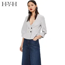 HYH HAOYIHUI Seven Point Sleeve Suit Coat Women 2018 Summer Autumn V-Neck Metal Double-Breasted Pleated Lantern Sleeve Coat
