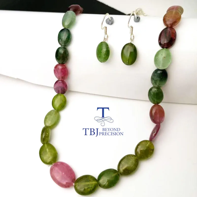 

TBJ ,100% Natural fancy color tourmaline gemstone neacklace and earring with 925 silver clasp,luxury big size necklace with box