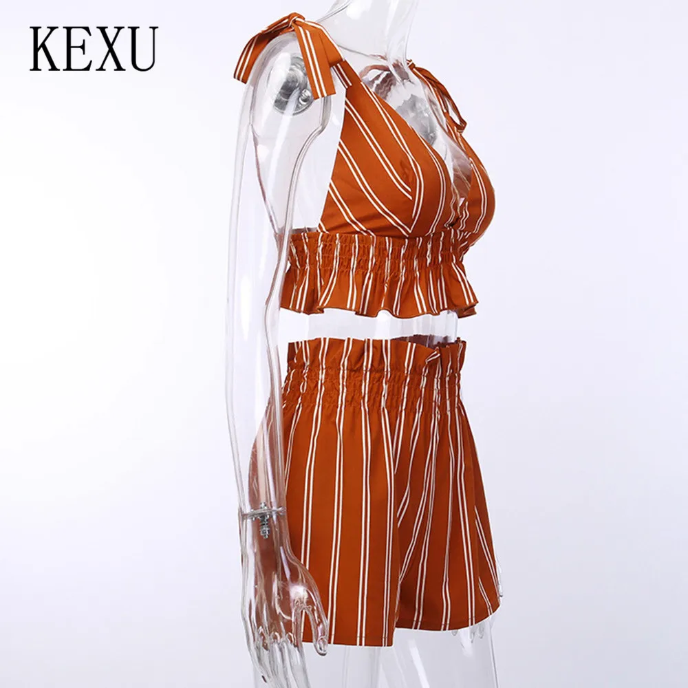 KEXU Orange Pleated Waist Striped Shorts Suits Sexy Backless Chest Vest Shorts Two Pieces Sets Jumpsuits Women Summer Rompers KEXU Orange Pleated Waist Striped Shorts Suits Sexy Backless Chest Vest Shorts Two Pieces Sets Jumpsuits Women Summer Rompers