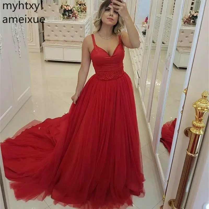 Red Sexy Evening Dresses Long 2021 Beaded Zipper Back Party Gown Court Train Sudi Arabia Plus Size Tulle A Line Robe De Soiree | Свадьбы и