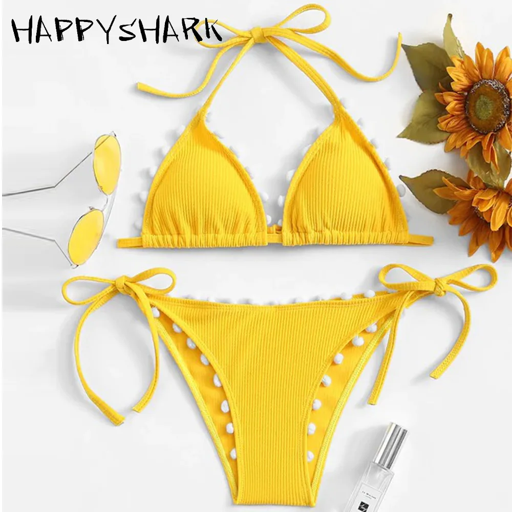 HAPPYSHARK сексуальное бикини с помпоном новинка 2019 желтый купальник Бразильский