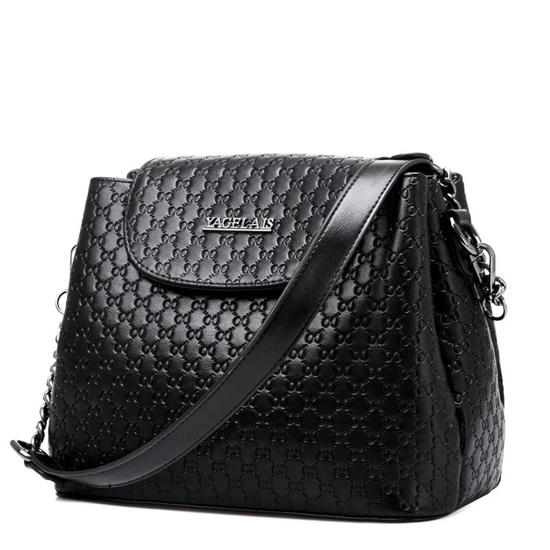 Classic Trendy Bucket Bag Embossed Leather Women Plaid Shoulder Bag All match Elegant Ladies Chain Shoulder