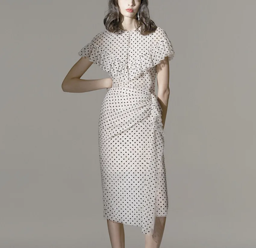 

HAMALIEL Runway Summer 2 PCS Set Fashion Women Mesh Polka Dot Print Ruffles Shirt Tops And Vintage Bodycon Pencil Skirts Suit
