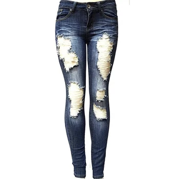 

Women Pencil Skinny Jeans Woman Denim Pants Trousers Light Blue Dark Blue Stretchy Ripped Jeans