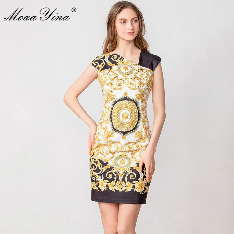 

MoaaYina Fashion Designer Runway Dress Summer Women Short sleeve Vintage Floral-Print Beading Slim Elegant Dress