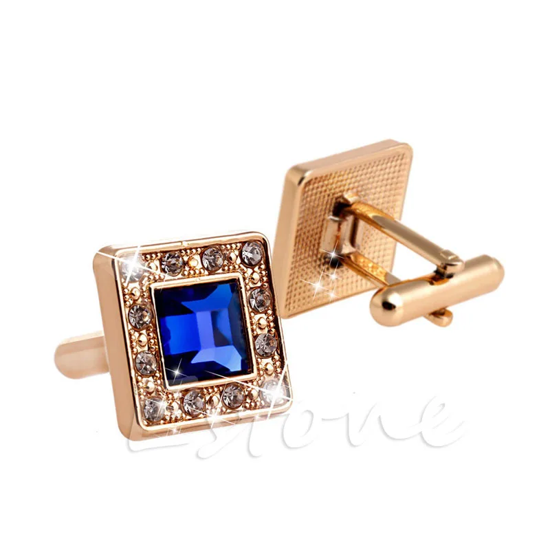 Gold +Blue Crystal Square Men's Cufflinks Cuff Links Men's Wedding