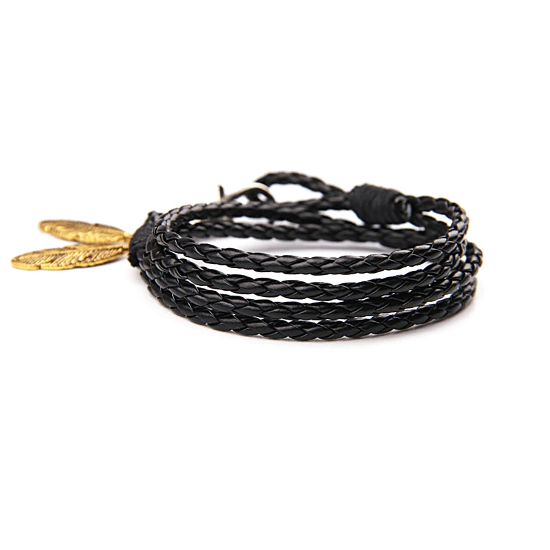 NIUYITID Black PU Leather Men Bracelet Silver Feather Accessories Fashion Jewelry Man Bracelet For Wristband Male Charm (6)
