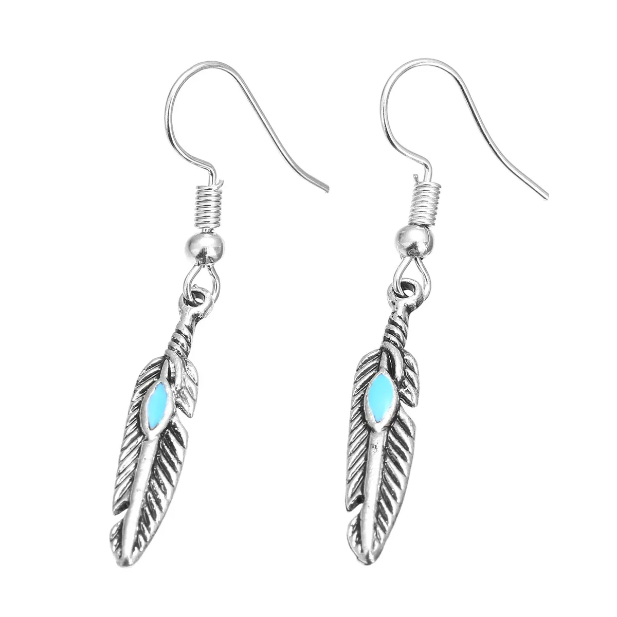 Retro Tribal Ethnic Natural Stone Feather Eardrop Dangle Drop Earring Antique Silver Leaves Long Earring Charm Wedding Jewelry