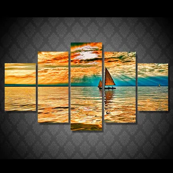 

5 Pcs/Set Framed HD Printed Sunset Seaview Boat Picture Wall Art Canvas Print Decor Poster Canvas Oil Painting