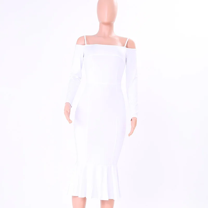 Kostlich Spaghetti Strap Long Sleeve Ruffles Mermaid Party Dresses Slash neck Bodycon Sexy Women Midi Dress 6 Colors Clothing (21)