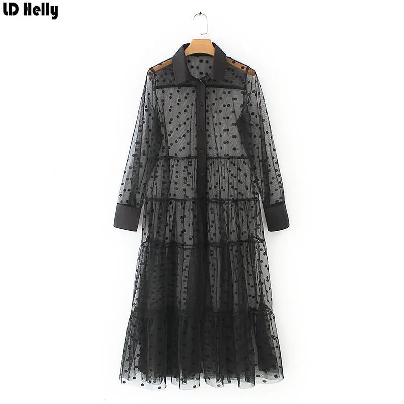 LD Helly 2019 женское стильное Сетчатое Прозрачное платье-рубашка в горошек с отворотом и длинным рукавом, женские шикарные Лоскутные Платья