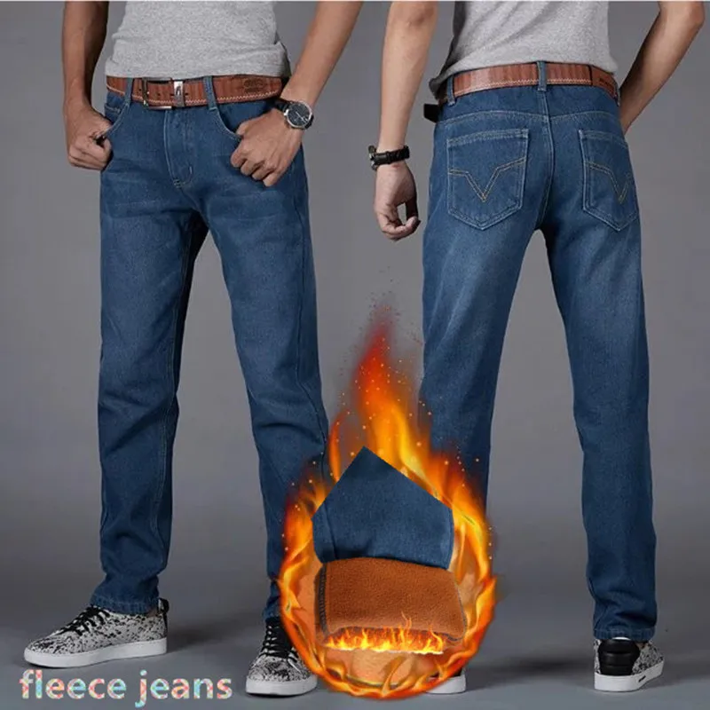 

Mid waist winter fleece Men Jeans thick warm cotton zipper pants 2017 luxury famous brand straight Jeans For Mens