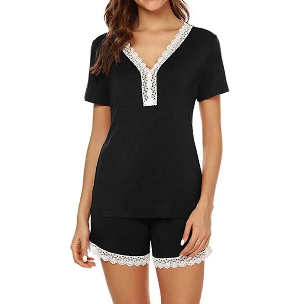 

Women Fashion Sexy Lace Patchwork Short Sleeve Sleepwear Soft Pajama Set Pajamas For Women