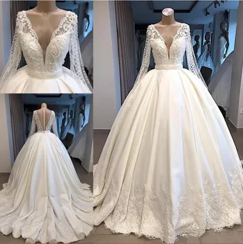 

Gorgeous Wedding Dress with Beading Crystals Long Sleeves Illusion Back Covered with Buttons V Neck Dubai Arabic Bridal Gowns
