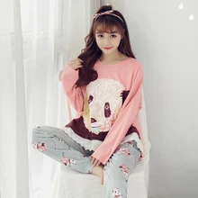 Пижамы на весну и осень Для женщин пижамы для девочек с О-образным вырезом с длинным рукавом женская ночная одежда, пижамы ночнушка для девочек для женщин