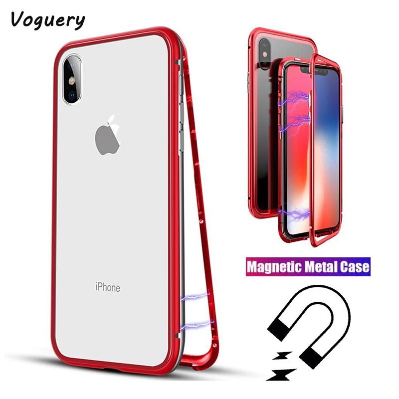 Voguery Magnetic Adsorption Metal Case for iPhone X 8 7 6 6s Plus Magneto Cover Full Body Clear Back Tempered Glass Frame | Мобильные