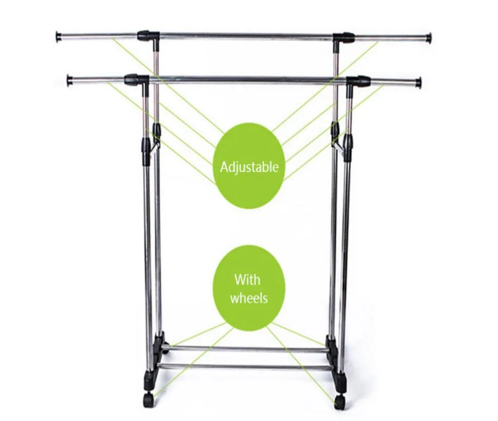 Многофункциональная вешалка для одежды, органайзер, вешалка для одежды с 4 колесами, регулируемые двойные рельсы для одежды, сушилка для одежды