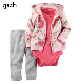

GSCH Newborn Baby Girl Clothes Set 3Pcs Hooded Jacket+ Jumpsuit+ Pants Cotton Baby Boy Clothes Infant Clothing roupa infantil