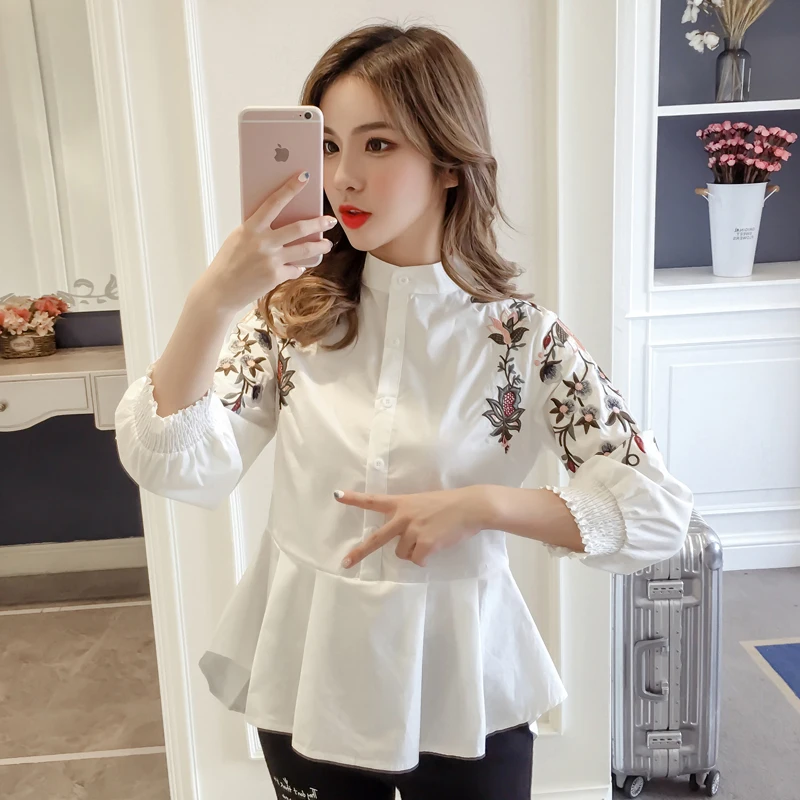  2018 autumn women fashion Sweet women blouse Full Embroidery Floral Mandarin Collar Casual Preppy S