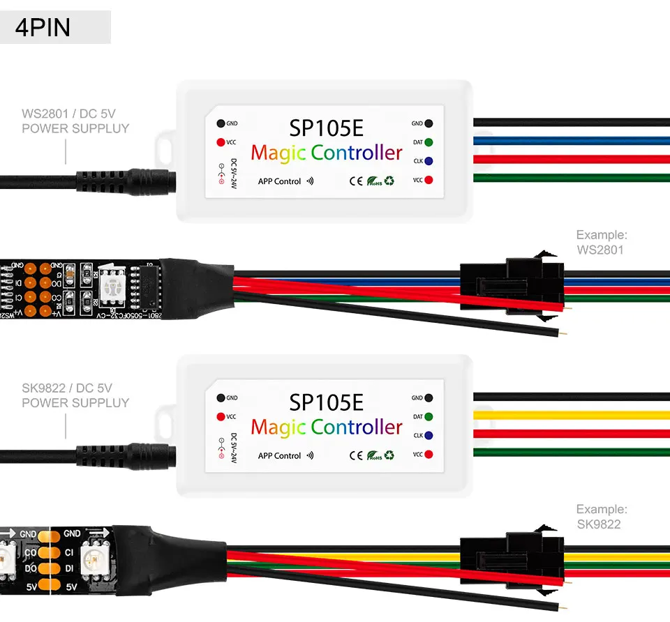 SP108E Wi-Fi WS2811 WS2812B светодиодный музыкальный контроллер SP107E SK6812 SP105E Bluetooth APA102 SP110E WS2801 пикселей Светодиодная лента DC5-24V
